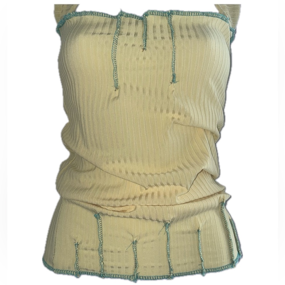 Yellow Ribbed Tank Top with Blue Trim
